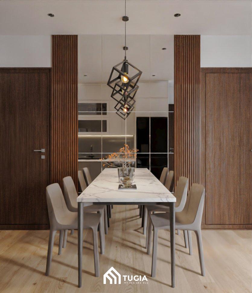 Không gian nội thất của căn hộ 65m2 tối giản được kết nối với nhau thông qua bộ bàn ghế ăn được đặt ở trung tâm