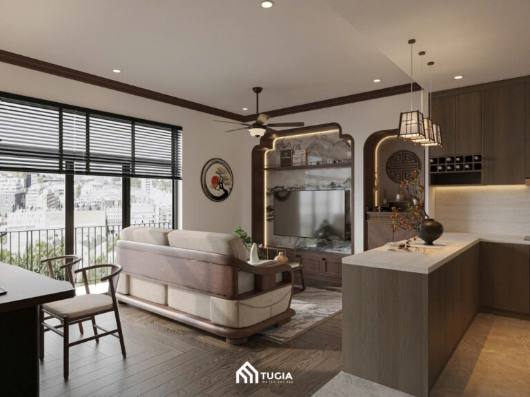 Phòng khách nổi bật với hệ vách tivi ốp đá vân mây sang trọng, được bo khung gỗ tối màu và tích hợp đèn hắt tạo hiệu ứng chiều sâu