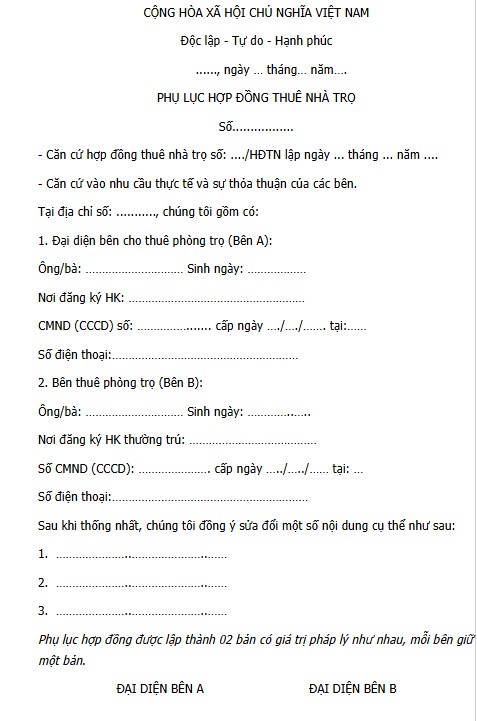 Mẫu phụ lục hợp đồng thuê nhà trọ