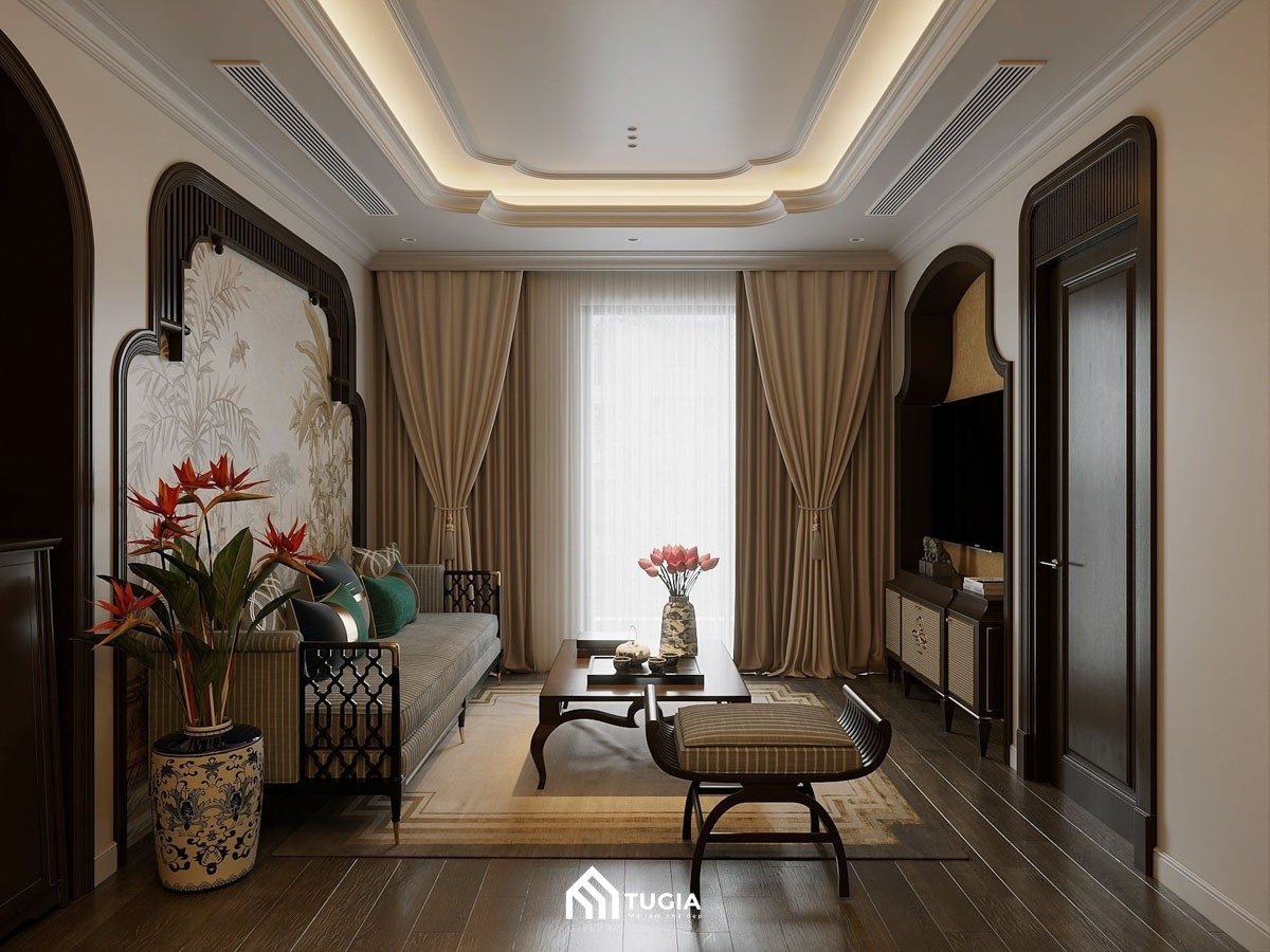 Mẫu thiết kế nội thất chung cư 3 phòng ngủ phong cách Indochine mang đậm vẻ đẹp truyền thống