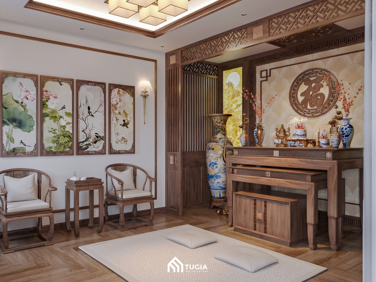 Thiết kế phòng thờ không quá cầu kỳ, nhưng vẫn thể hiện rõ sự chỉn chu và trang nghiêm cần có