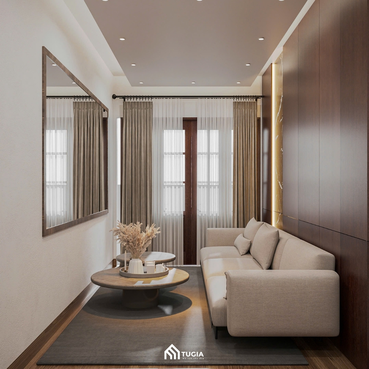 Phòng khách được thiết kế theo phong cách hiện đại với bảng màu trung tính gồm be, trắng và nâu gỗ
