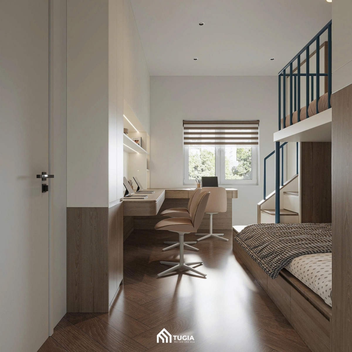 Góc học tập với bàn làm việc liền tường được thiết kế tối giản, tận dụng ánh sáng tự nhiên giúp không gian luôn thoáng đãng