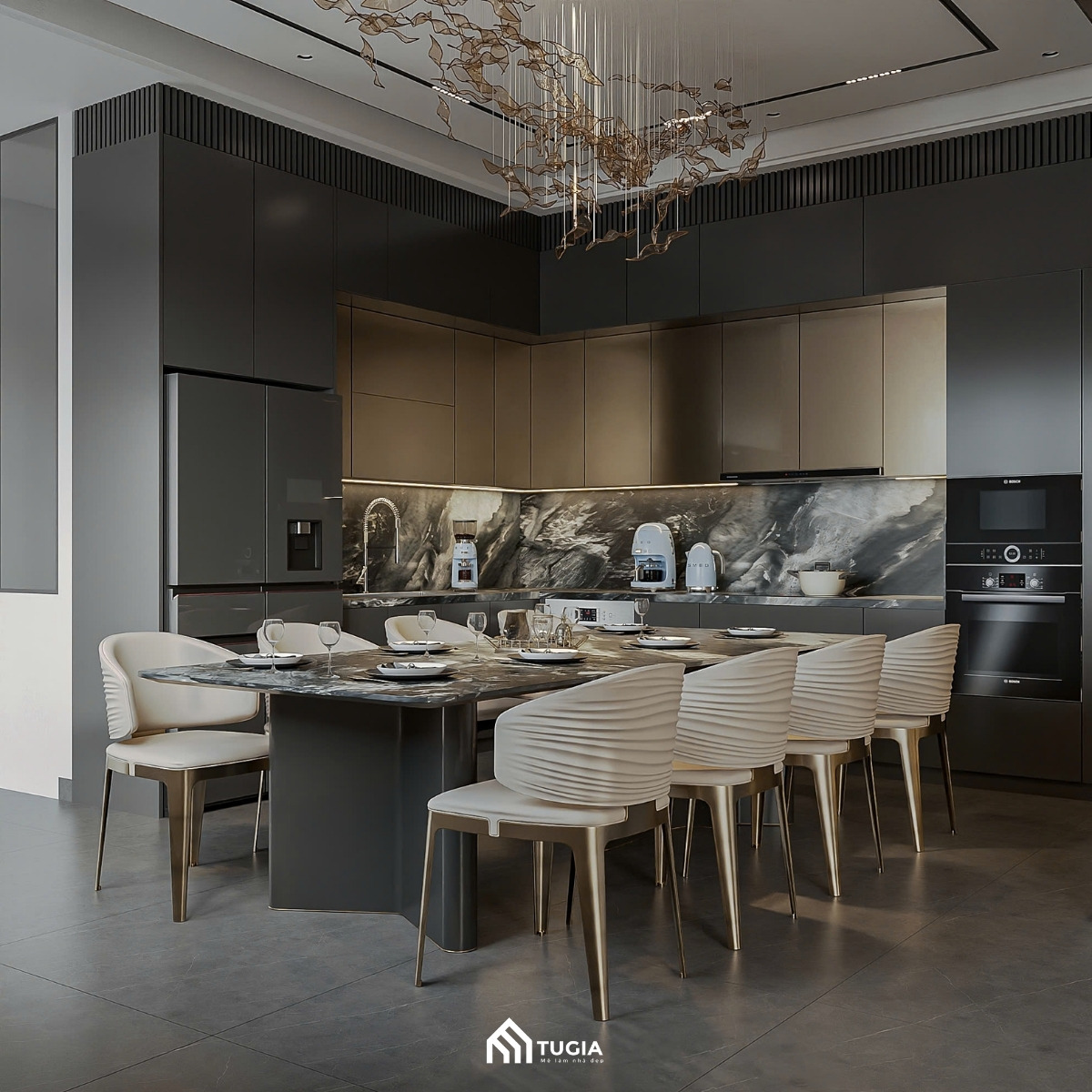 Hệ tủ bếp âm tường gọn gàng cùng thiết bị hiện đại giúp tối ưu công năng