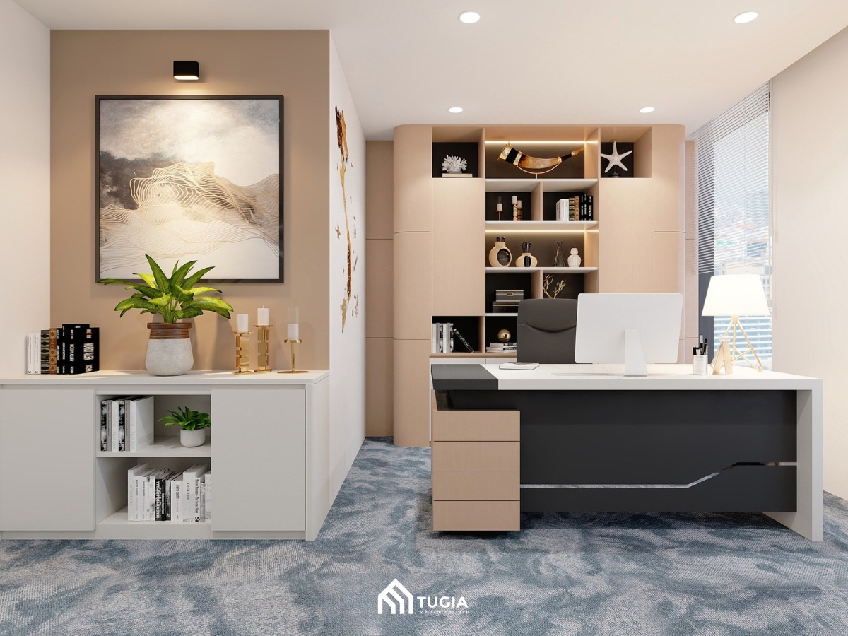 Góc làm việc lãnh đạo với thiết kế nội thất cao cấp hơn, kết hợp decor tranh và kệ trưng bày