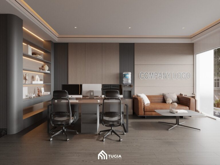 Không gian tiếp khách nổi bật với bộ sofa da cùng với đó là logo cty được đặt ngay phía sau