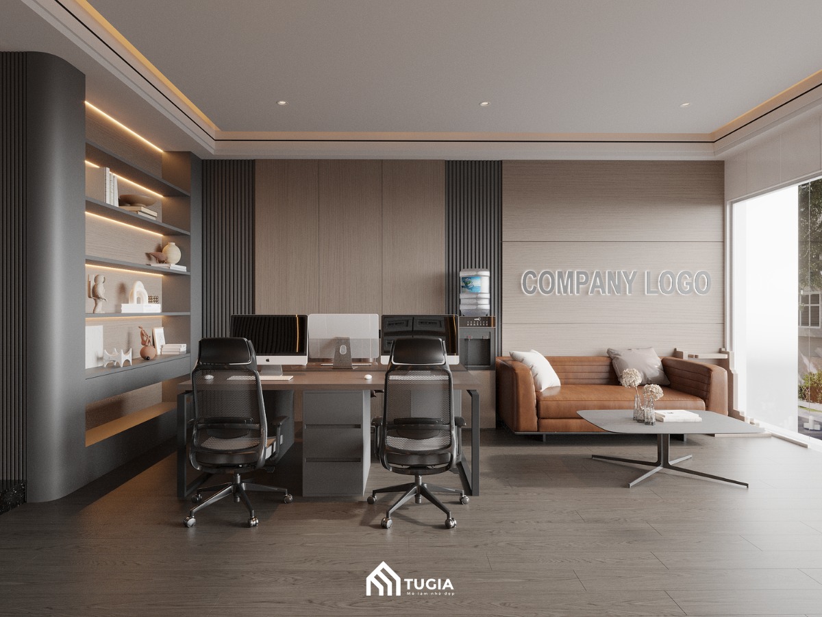 Không gian tiếp khách nổi bật với bộ sofa da cùng với đó là logo cty được đặt ngay phía sau