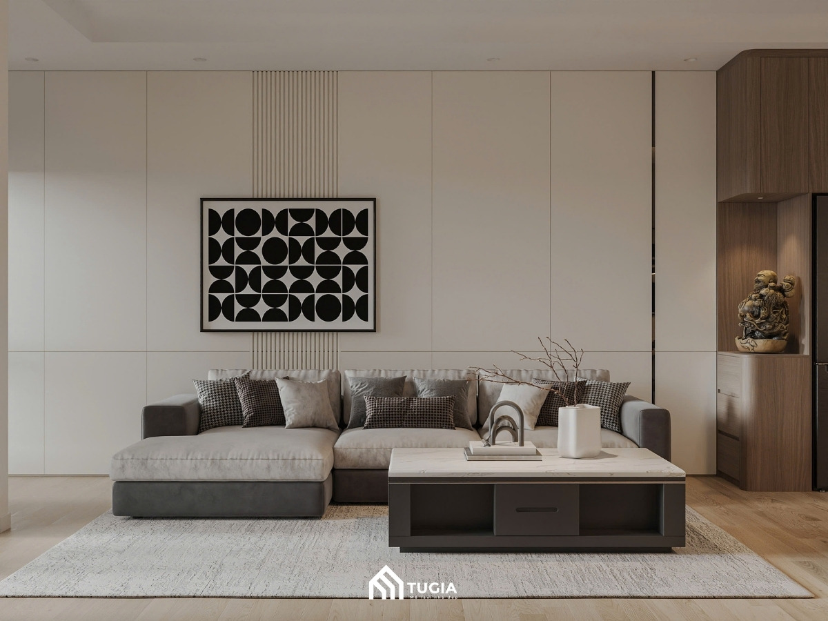 Mẫu thiết kế nội thất phòng khách chung cư 80m2 hiện đại, sang trọng với sofa nỉ xám chữ L, bàn trà mặt đá và vách ốp tường trang trí tinh tế