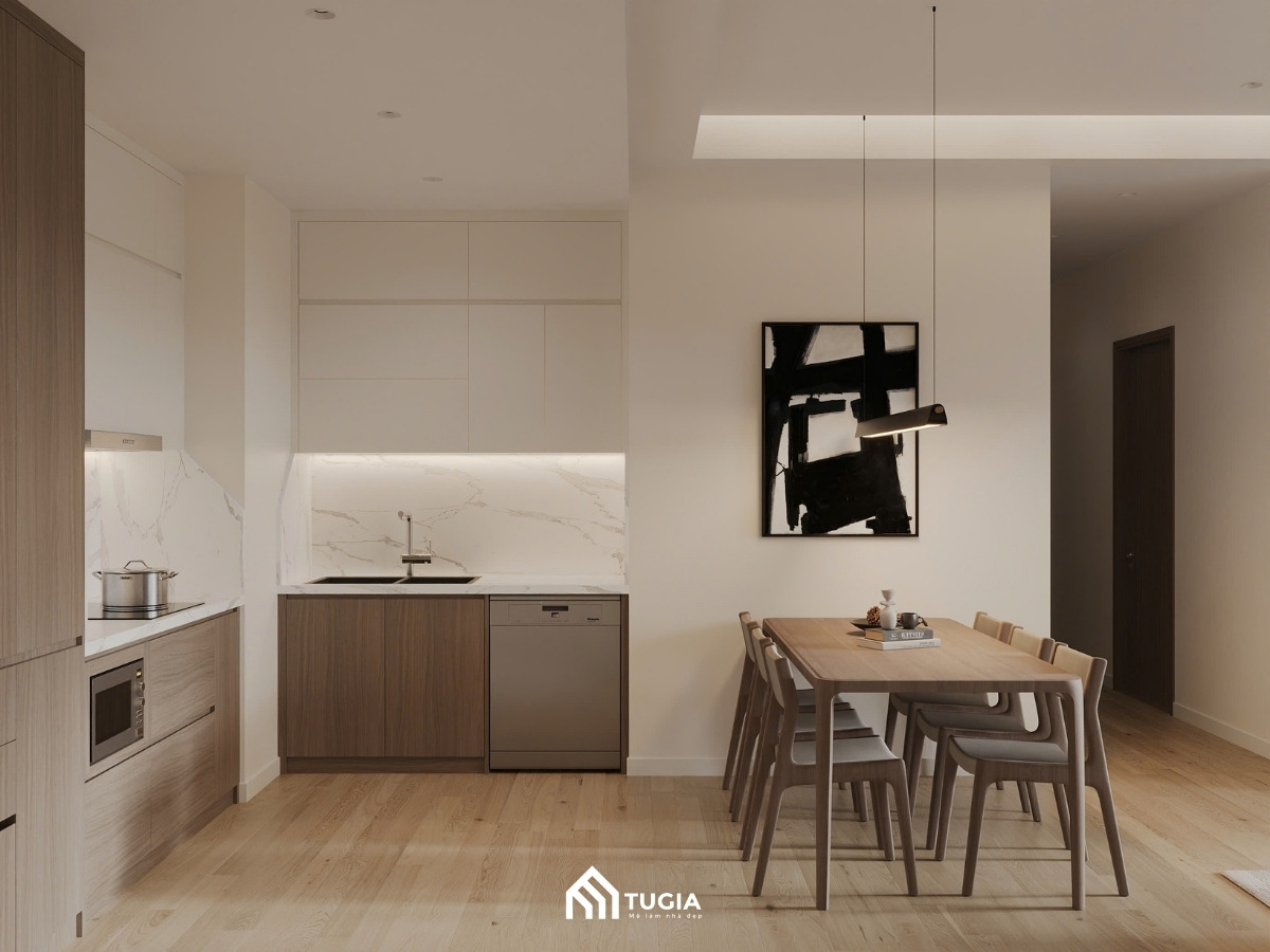 Thiết kế phòng bếp và khu vực ăn uống chung cư 80m2 hiện đại, tiện nghi với tủ bếp gỗ công nghiệp, bàn ăn gỗ tự nhiên và đèn thả trang trí