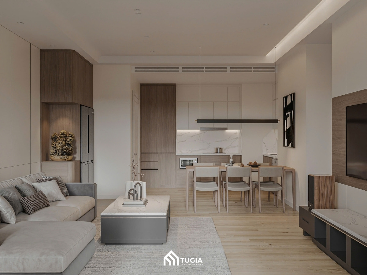 Góc nhìn tổng quan phòng khách và bếp ăn chung cư 80m2 hiện đại, thông thoáng, tối ưu hóa công năng sử dụng cho căn hộ