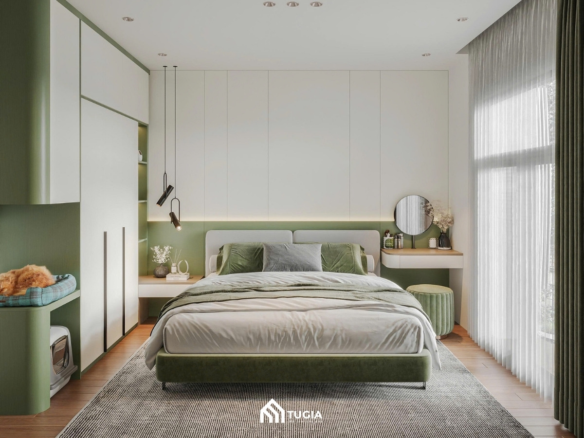 Thiết kế phòng ngủ chung cư 80m2 hiện đại, ấm cúng với tone màu xanh mint chủ đạo, giường ngủ bọc nỉ và hệ tủ áo kịch trần