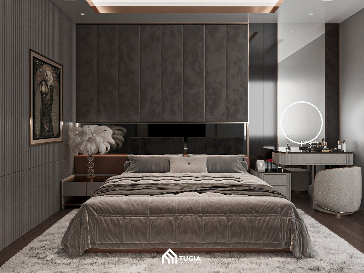 Bố trí bàn trang điểm và tủ quần áo cánh kính sang trọng trong phòng ngủ chung cư 80m2
