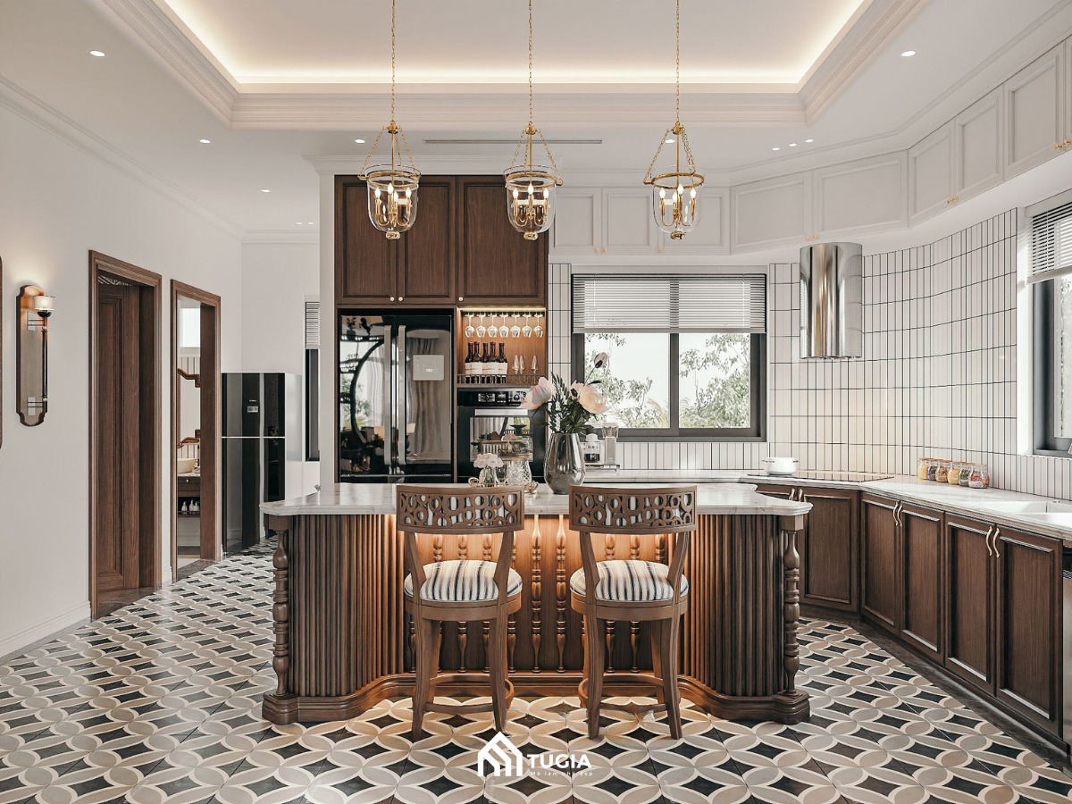 Thiết kế phòng bếp biệt thự Indochine với đảo bếp trung tâm, hệ tủ gỗ nâu trầm kết hợp gạch họa tiết cổ điển đầy ấn tượng