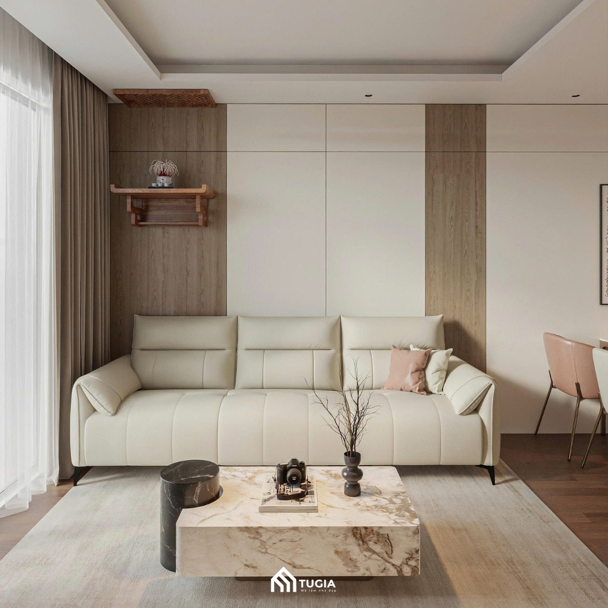 Thiết kế phòng khách căn hộ 35m2 theo phong cách hiện đại với sofa sáng màu kết hợp bàn trà mặt đá tạo nên tổng thể sang trọng và tinh tế