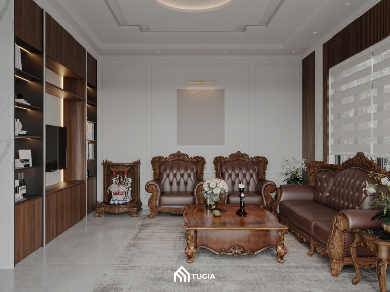 Phòng khách gây ấn tượng mạnh với bộ sofa gỗ tự nhiên chạm khắc tinh xảo kết hợp đệm da cao cấp màu nâu trầm sang trọng