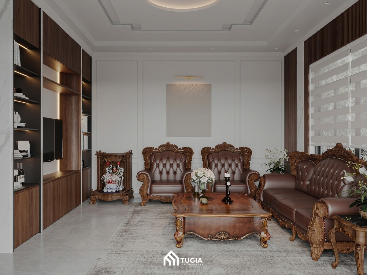 Phòng khách gây ấn tượng mạnh với bộ sofa gỗ tự nhiên chạm khắc tinh xảo kết hợp đệm da cao cấp màu nâu trầm sang trọng