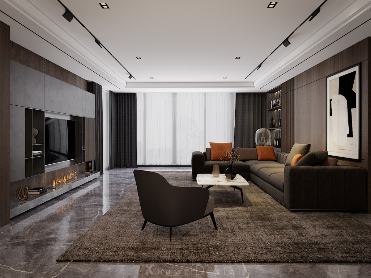 Phòng khách hiện đại với sofa chữ L màu tối, vách TV ốp đá, hệ tủ trang trí âm tường và cửa kính lớn đón ánh sáng tự nhiên.