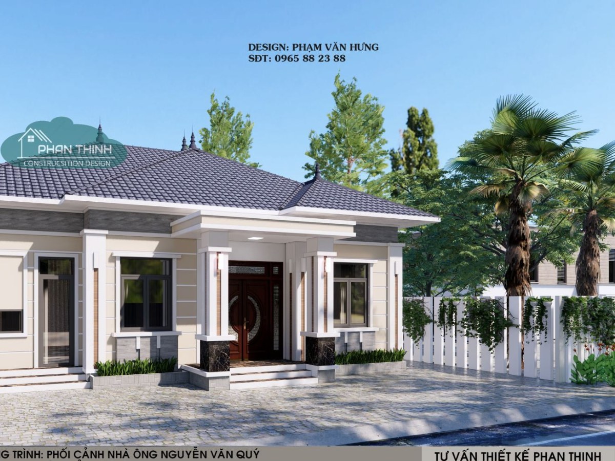 Bản vẽ phối cảnh 3D kiến trúc ngoại thất của một ngôi nhà 1 tầng mái Nhật hiện đại, nổi bật với tông màu kem - xám.