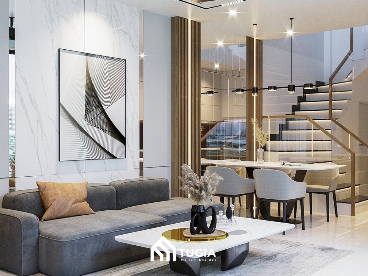 Mẫu thiết kế nội thất phòng khách biệt thự mang vẻ đẹp đẳng cấp nhờ vách ốp tường giả đá khổ lớn