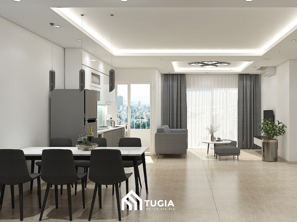 Mẫu thiết kế nội thất không gian phòng khách liền bếp sử dụng tông màu trắng xám vô cùng thanh lịch