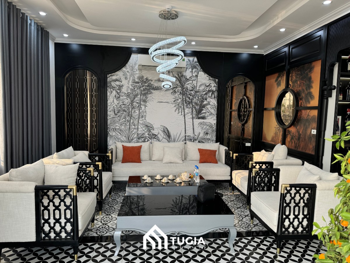 Thiết kế thi công nội thất phòng khách phong cách Indochine tại Ninh Bình do Nội Thất Tứ Gia thực hiện.