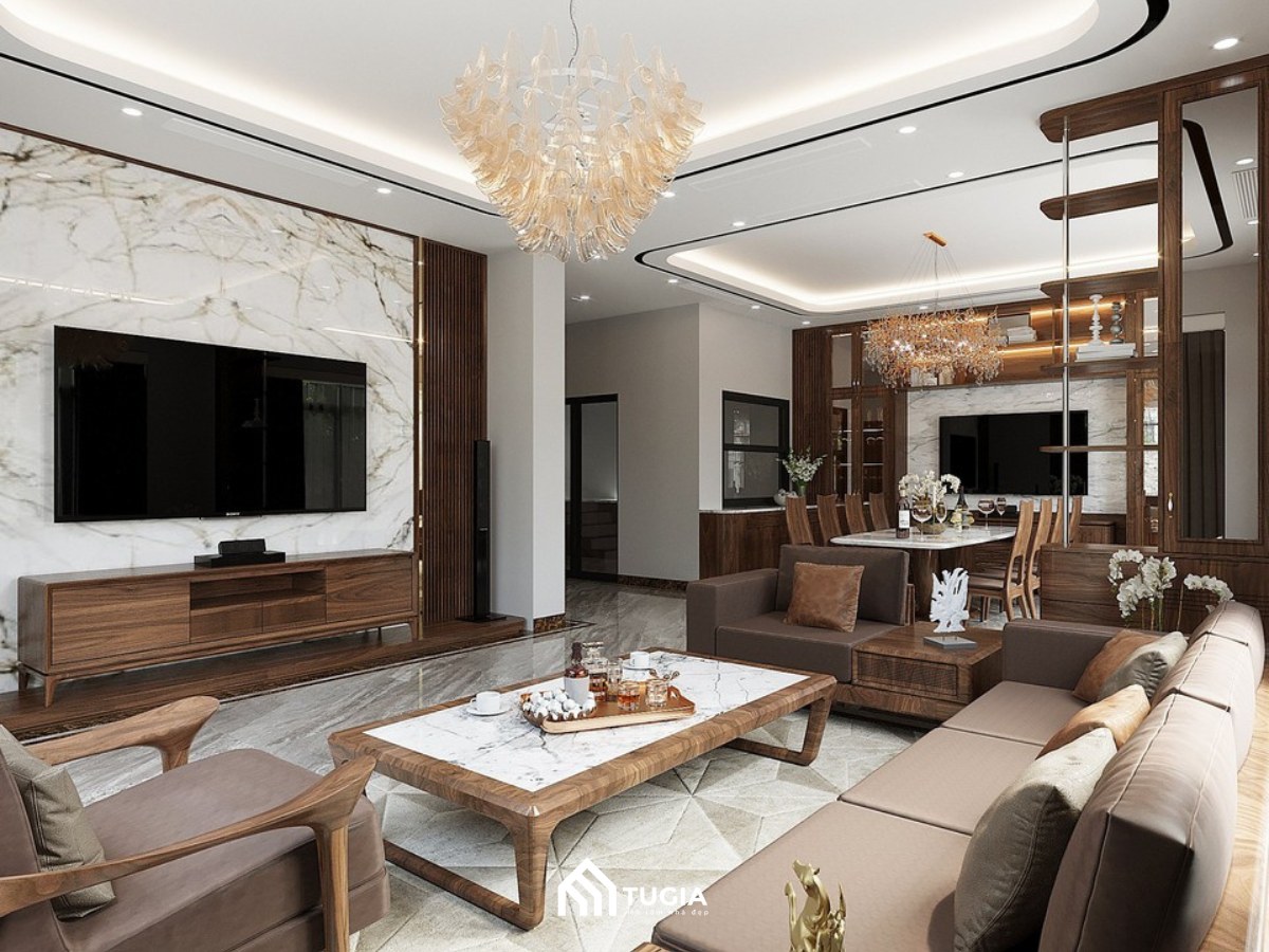 Mẫu thiết kế của Nội Thất Tứ Gia với bố cục mở liên thông mang lại sự thông thoáng cho ngôi nhà