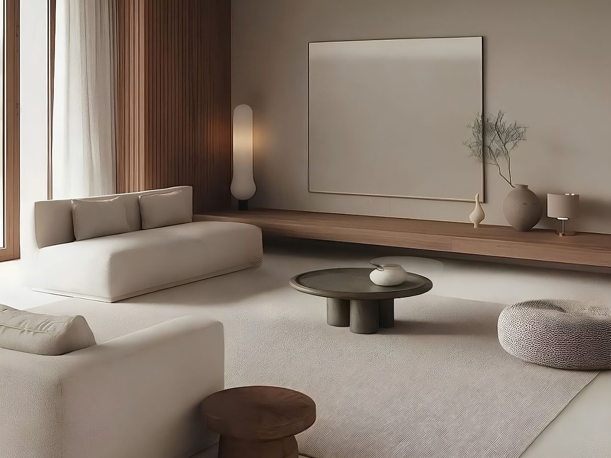 Phòng khách chung cư phong cách Nhật Bản sofa bệt màu kem