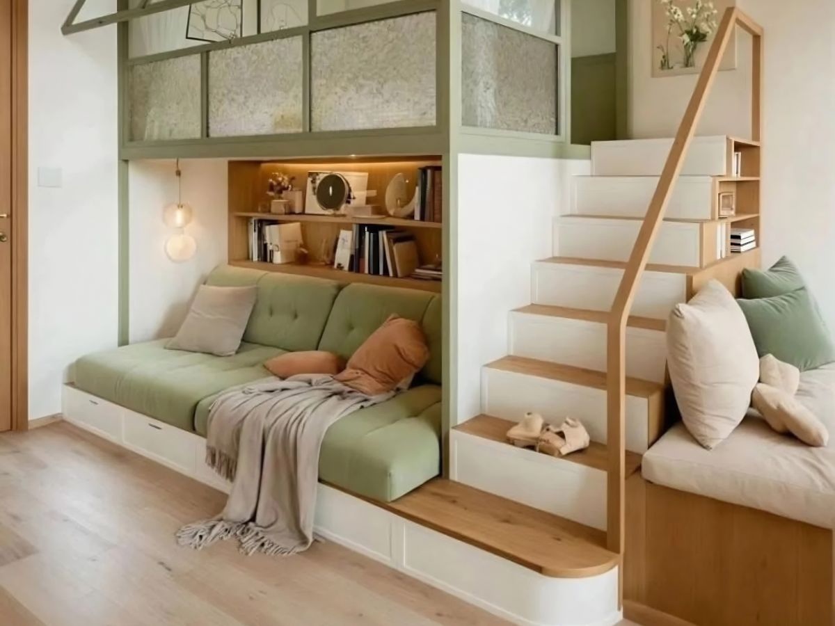 Cầu thang gác lửng phòng khách kết hợp sofa và kệ sách thông minh