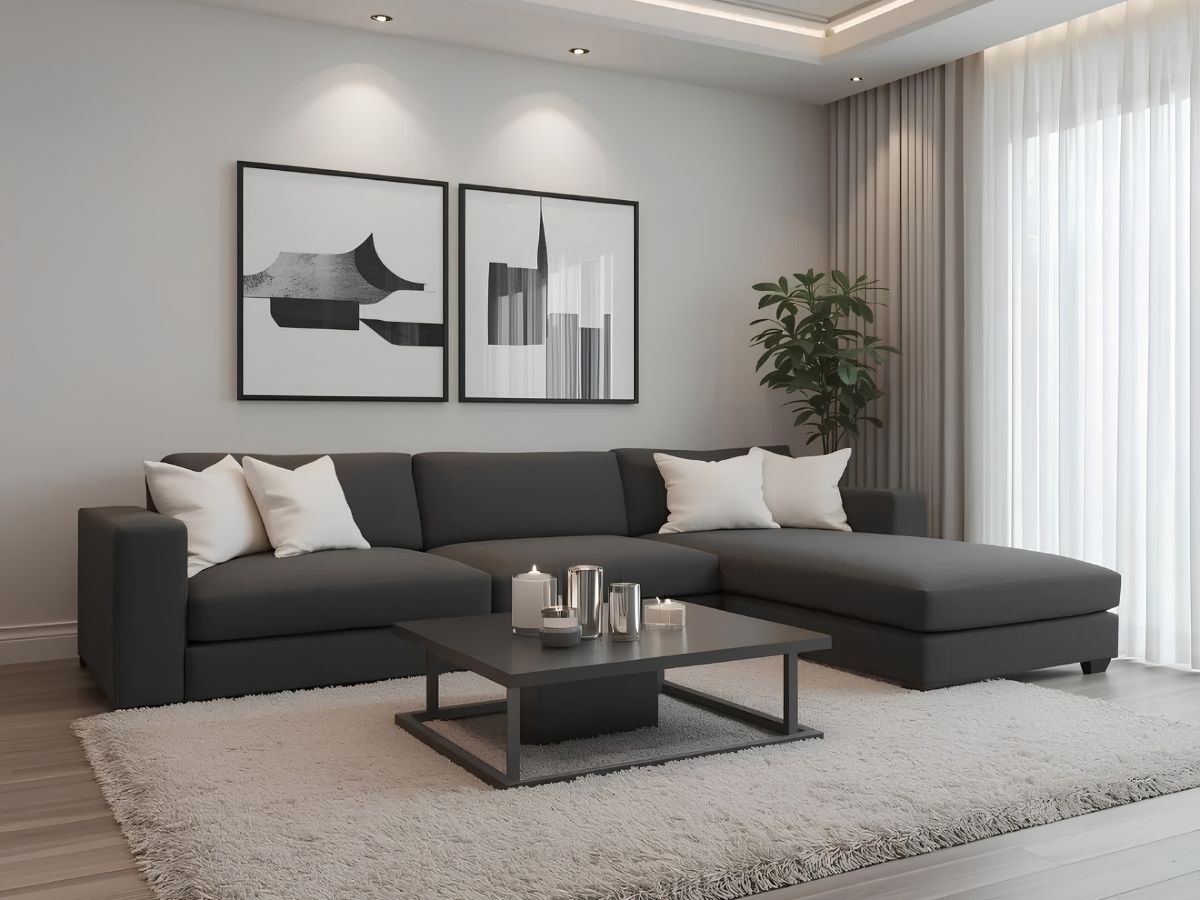 Bộ sofa góc chữ L màu xám than kết hợp tranh canvas hình học trừu tượng mang đậm hơi thở kiến trúc đương đại.