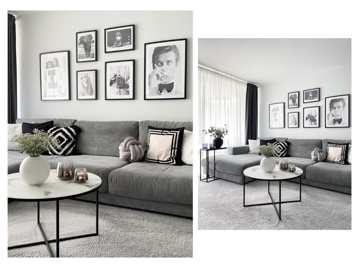 Sofa văng góc xám kết hợp bộ tranh treo tường đen trắng và bàn trà tròn mặt đá