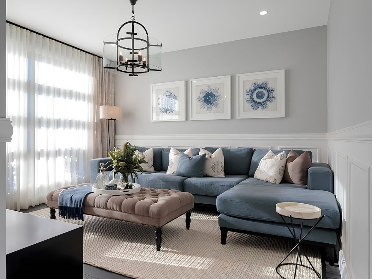 Phòng khách màu xám xanh với sofa chữ L đệm nỉ và đôn bàn trà bọc nệm tân cổ điển