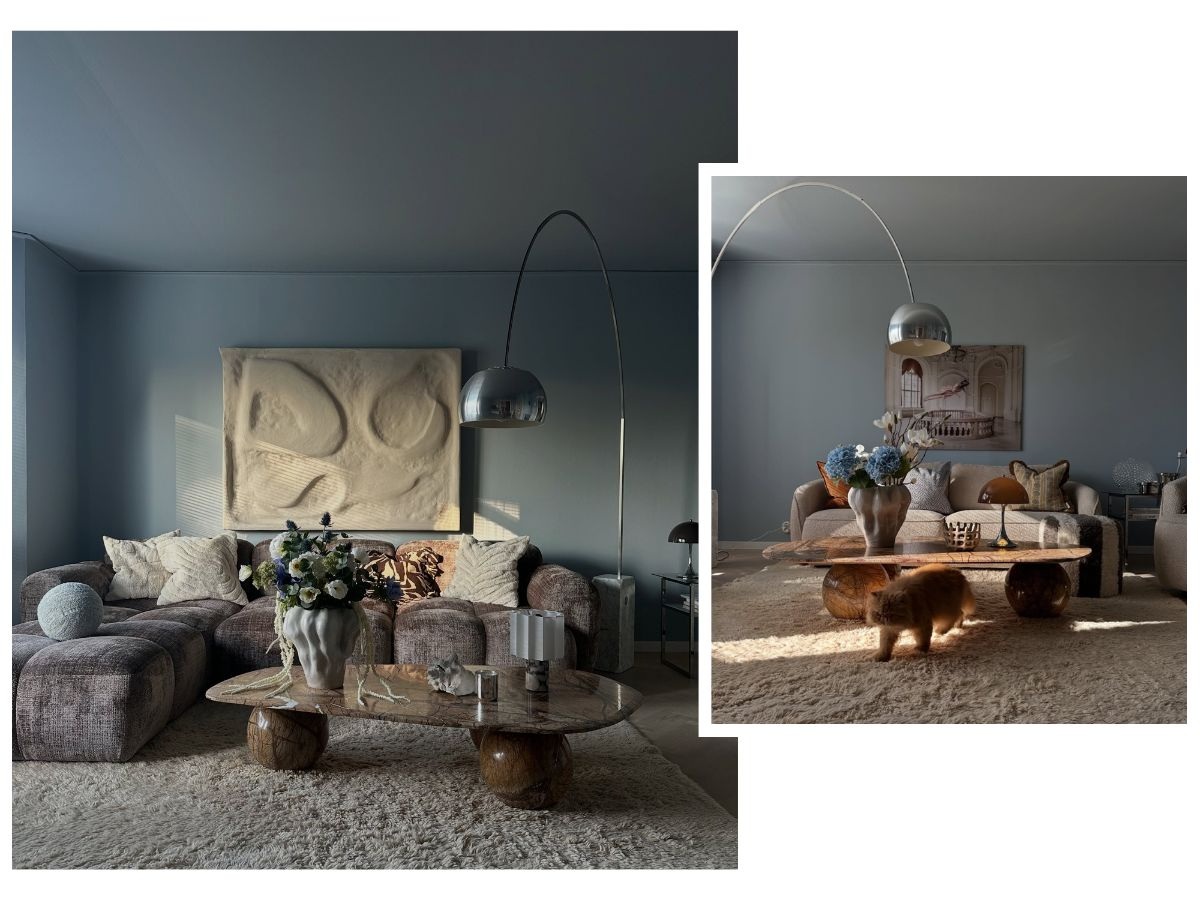 Sofa bọc vải thô màu xám tro kết hợp đèn cây uốn cong kim loại và tranh đắp nổi