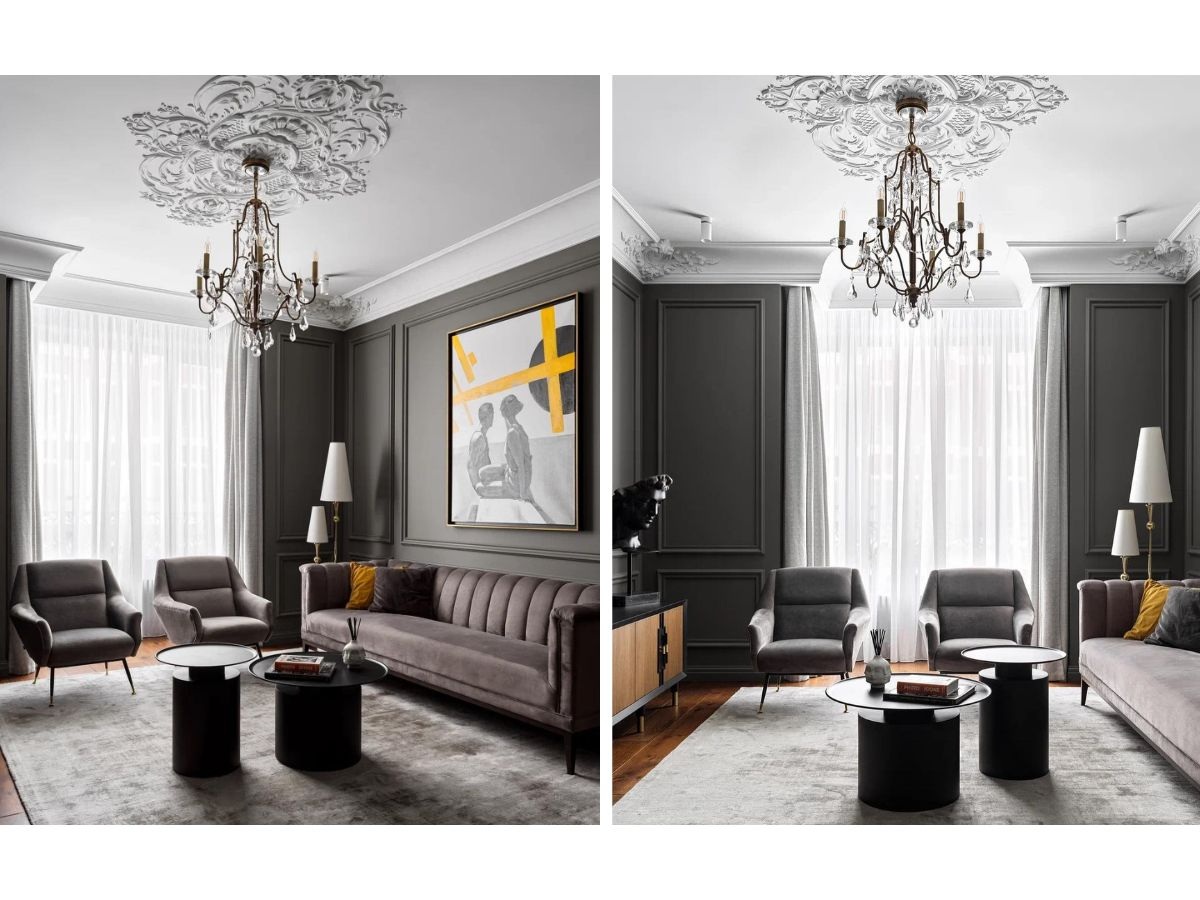 Đèn chùm cổ điển và sofa nhung xám trong phòng khách phong cách tân cổ điển