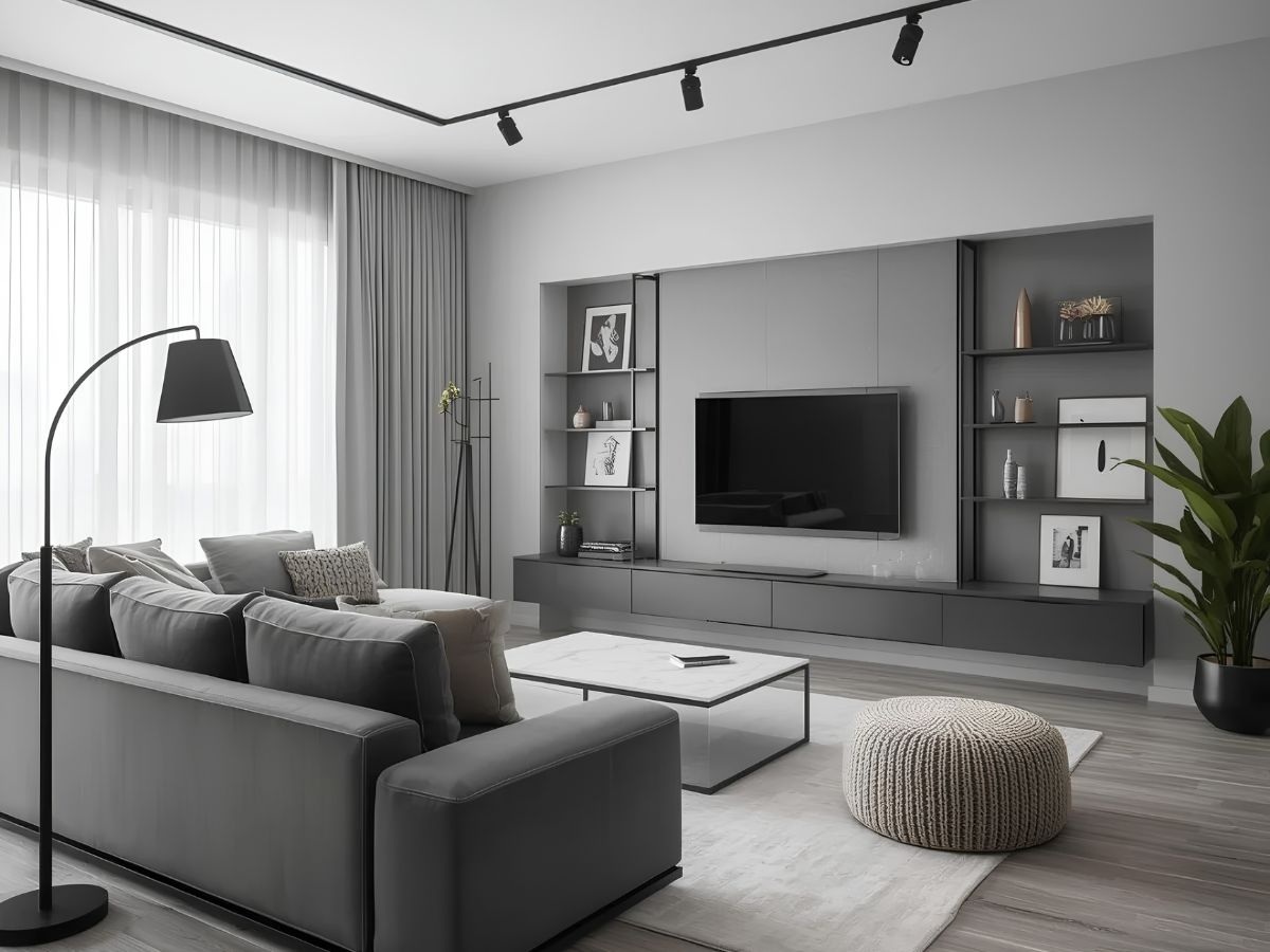 Hệ tủ kệ tivi kịch trần màu xám than chì và đèn ray rọi điểm hiện đại