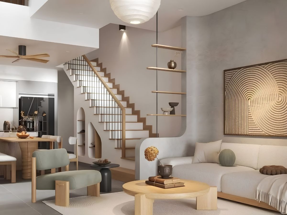 trang trí phòng khách nhà ống có cầu thang phong cách Wabi Sabi mộc mạc