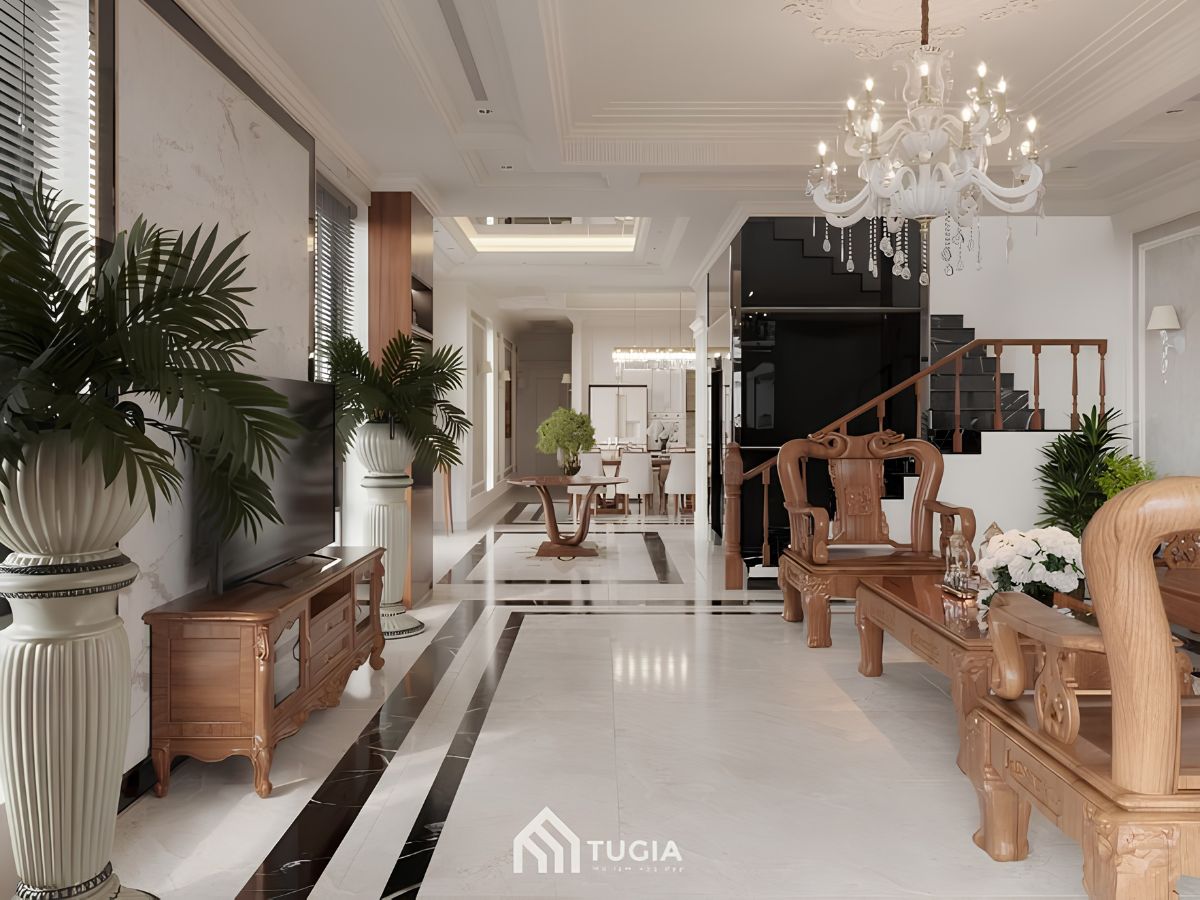 mẫu phòng khách nhà ống có cầu thang phong cách tân cổ điển