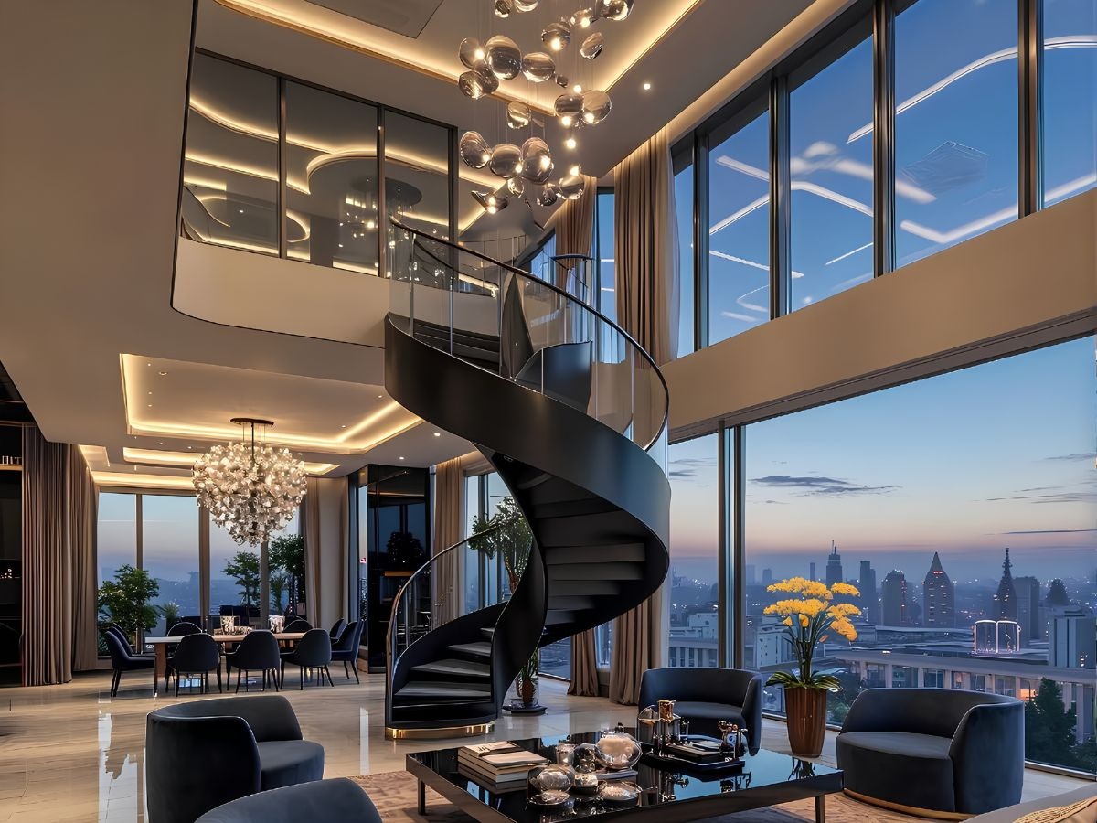 Cầu thang xoắn ốc kim loại nghệ thuật trong căn hộ Penthouse Le Parc Place ParkCity