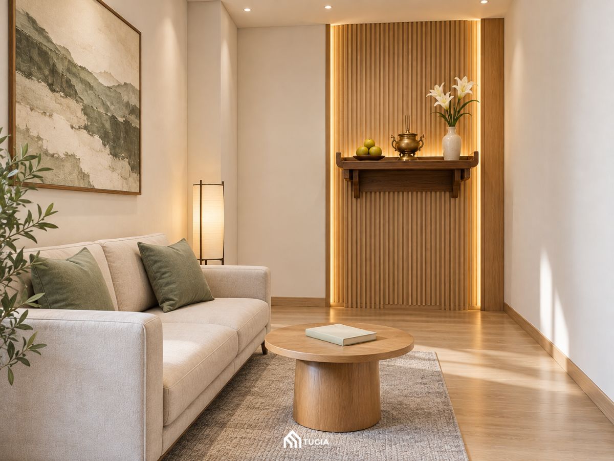 Góc thờ yên tĩnh bên hông sofa trong phòng khách nhà ống hẹp 3m nhìn chéo từ góc phòng