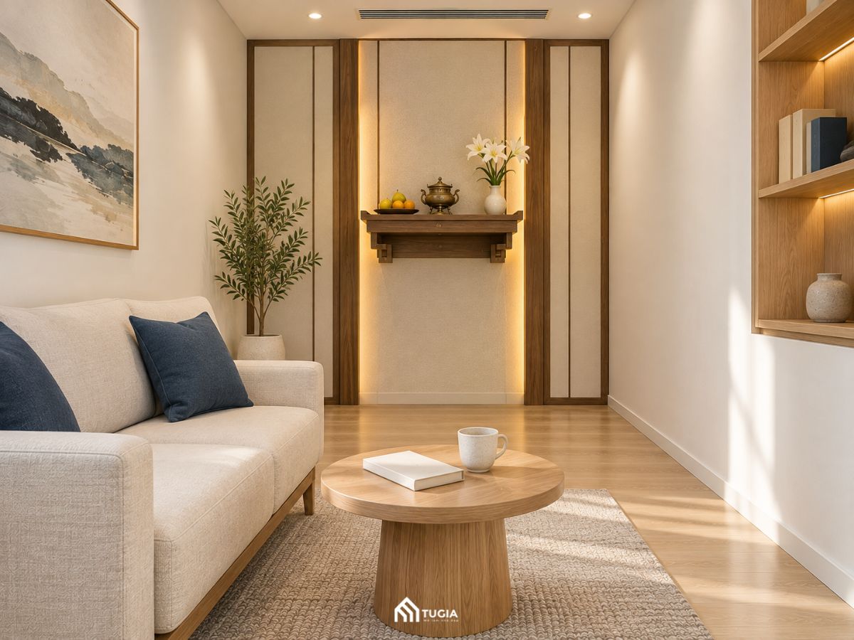 Bàn thờ treo tường 41x61cm trên tường cuối phòng khách nhà ống hẹp 3m