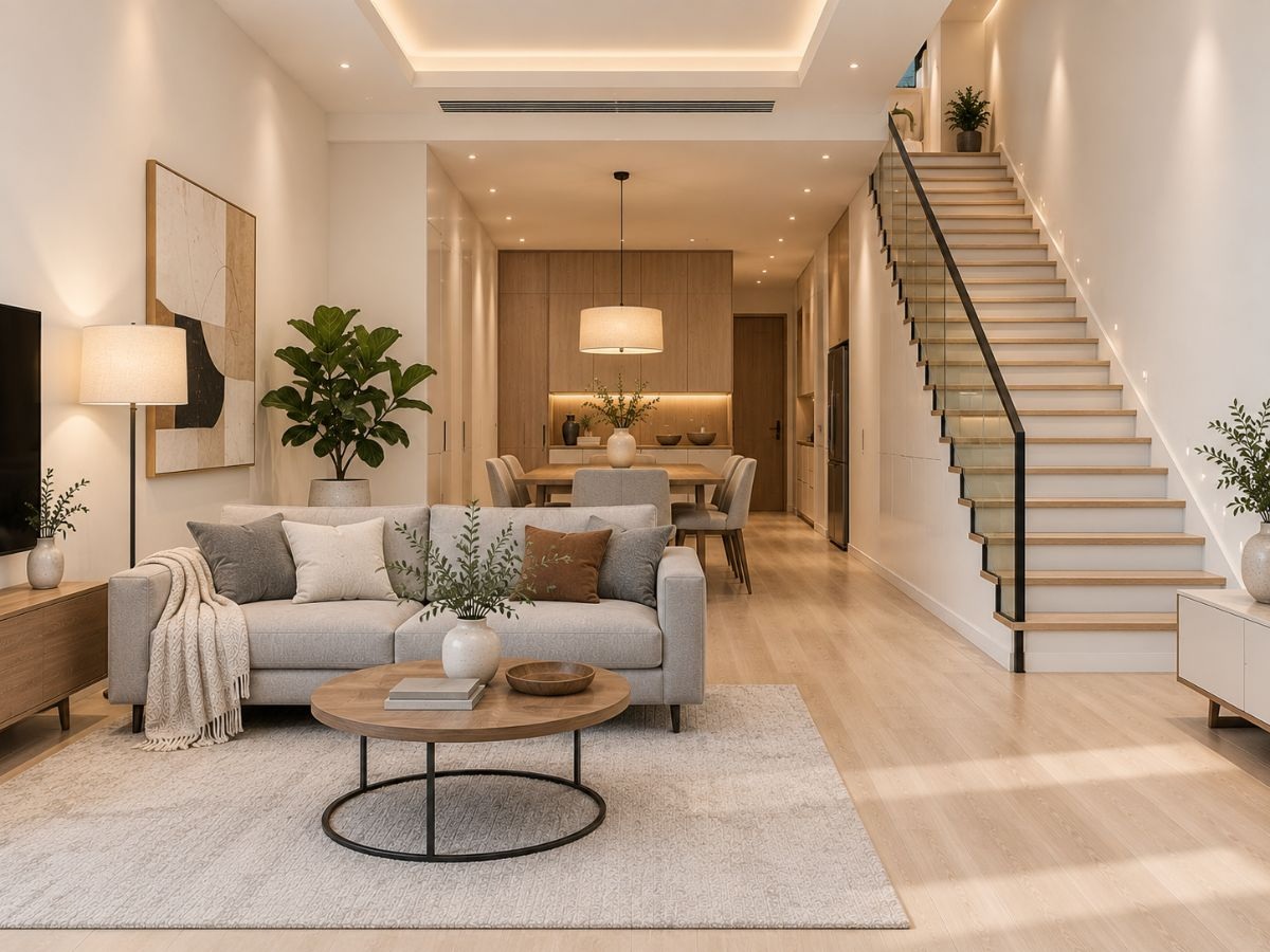 Cầu thang kết hợp phòng khách nhà phố 38m2 chia ranh giới sofa và bàn ăn
