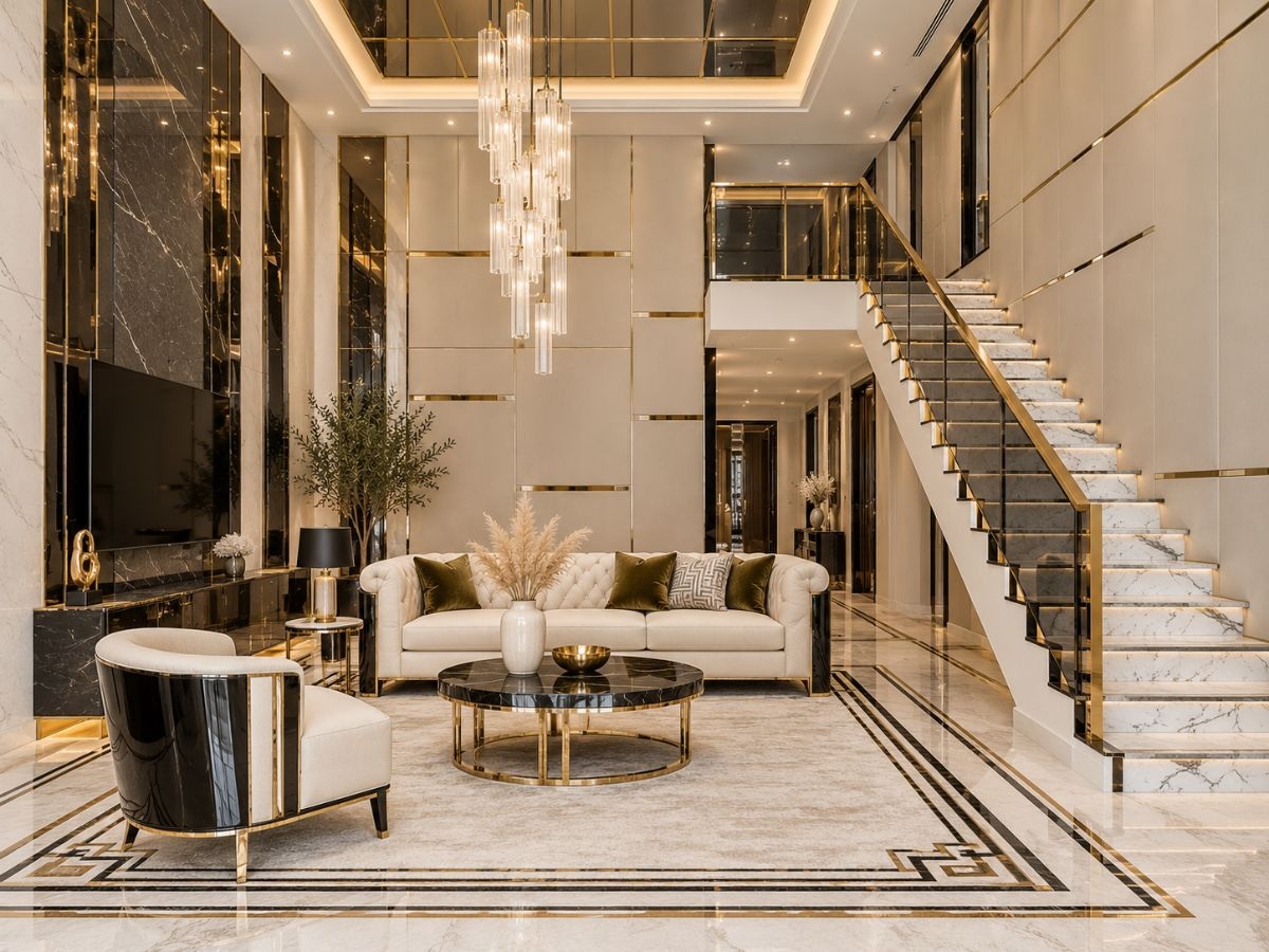 Phòng khách có cầu thang đẹp biệt thự 65m2 phong cách luxury Art Deco