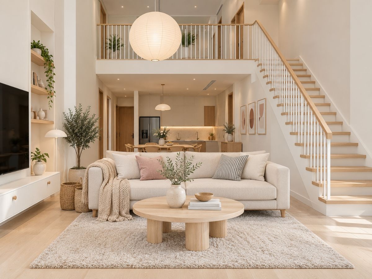Mẫu cầu thang phòng khách Bắc Âu nhà phố 30m2 gỗ bạch dương lan can trắng