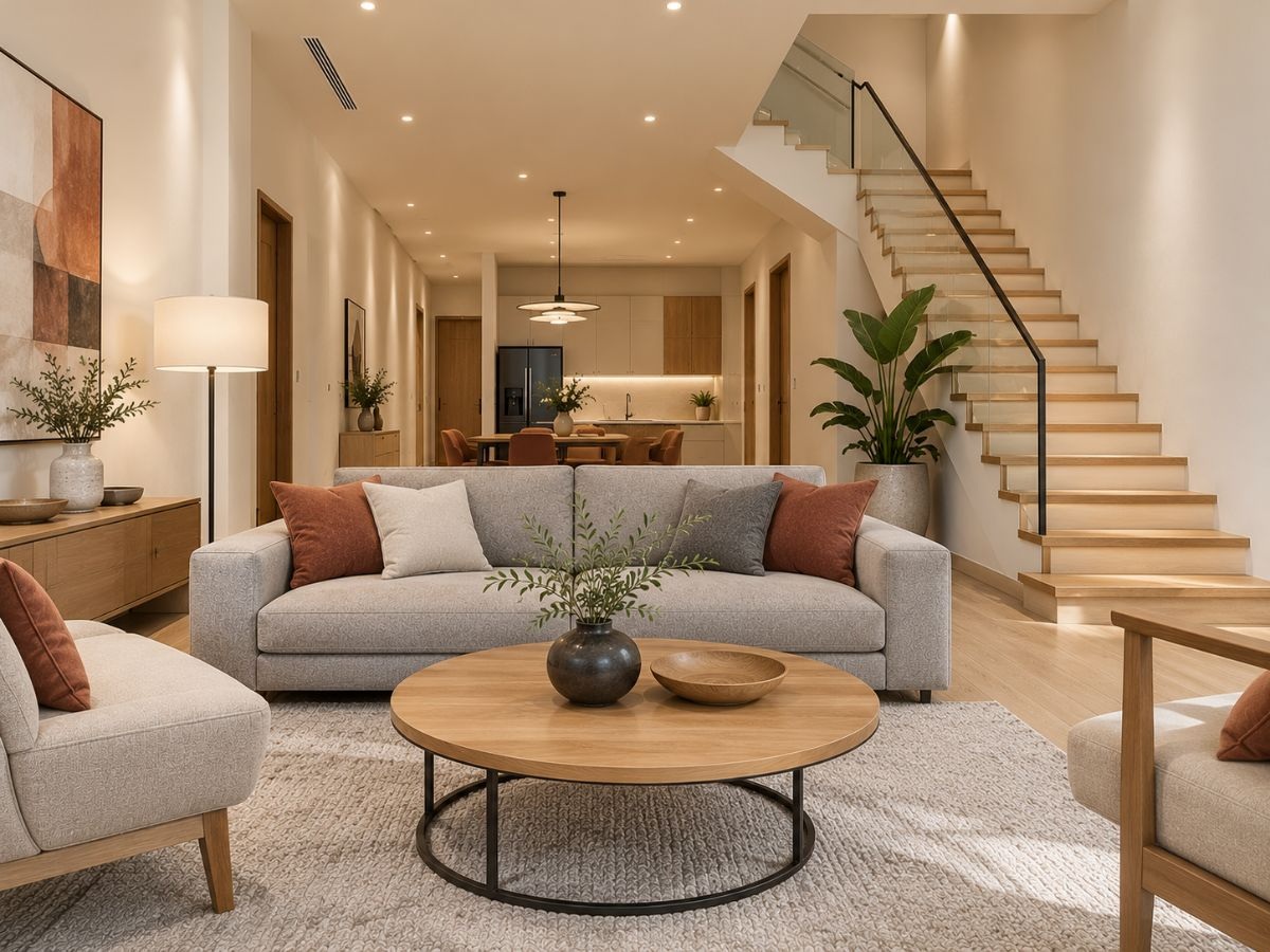 Cách bố trí cầu thang trong phòng khách 40m2 chuẩn phong thủy, chân thang tránh cửa chính