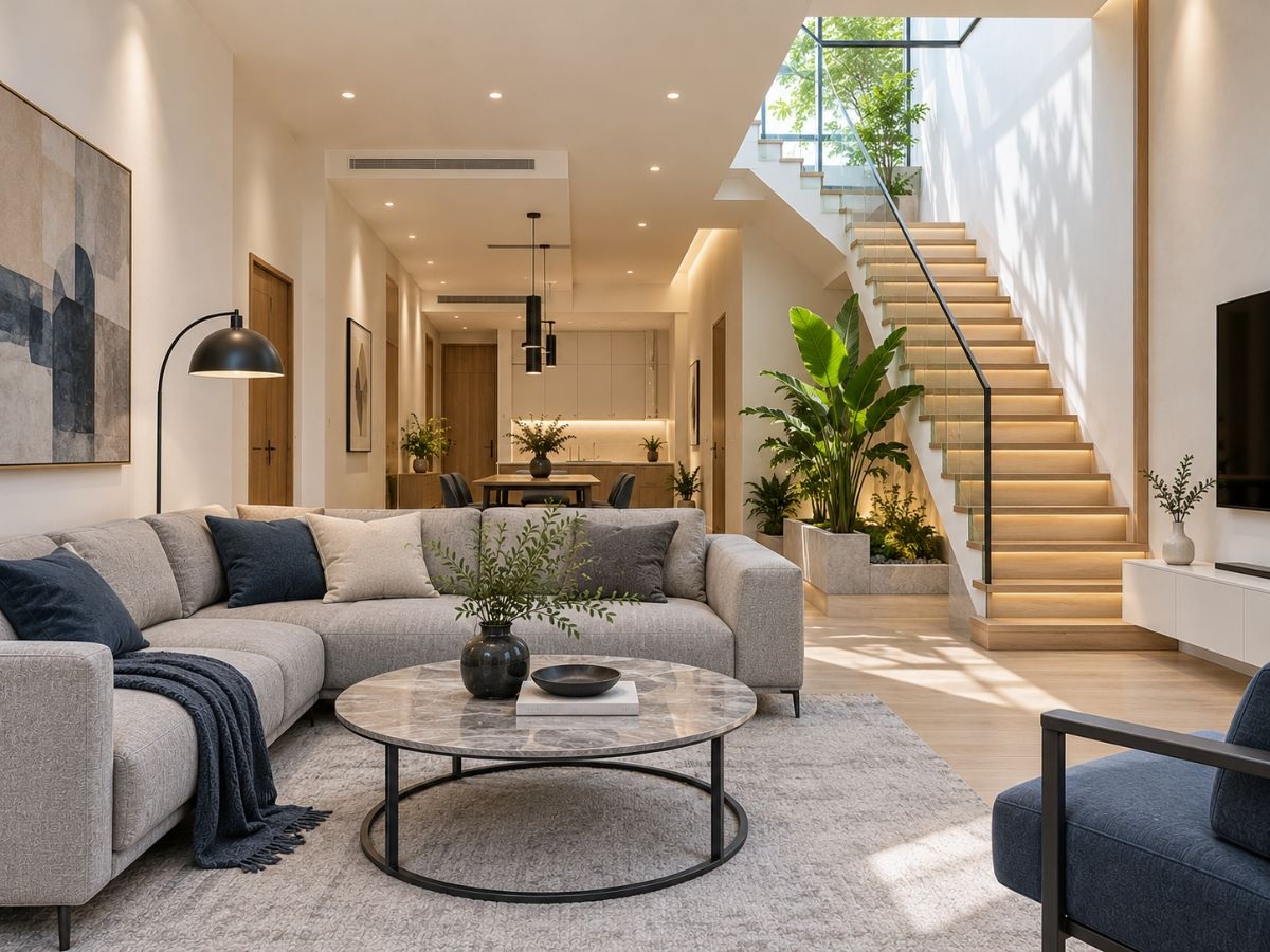 Cầu thang và phòng khách nhà phố 42m2 lấy sáng từ giếng trời, giữ khoảng cách an toàn