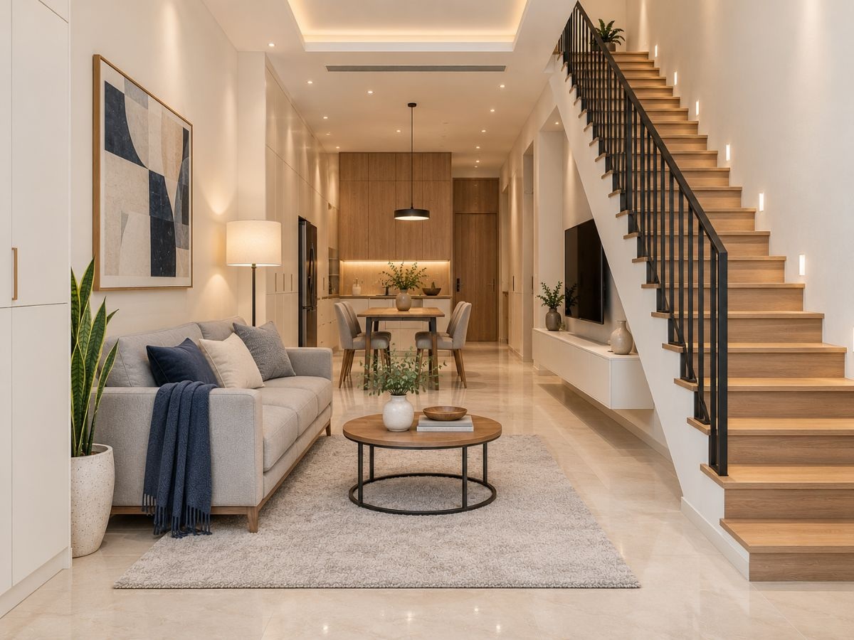 Phòng khách có cầu thang nhà ống 4m gọn gàng với sofa 2 chỗ sát tường