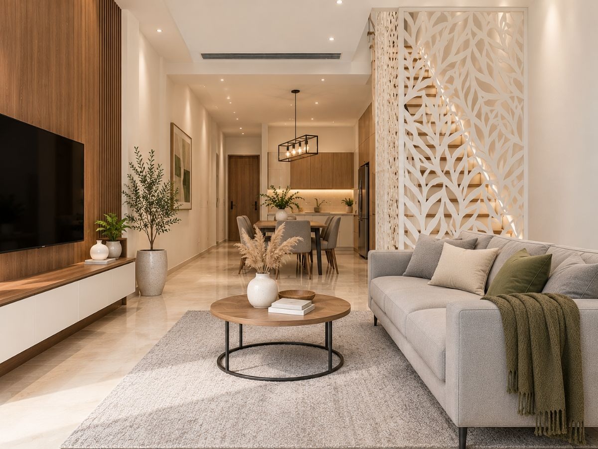 Thiết kế phòng khách có cầu thang nhà phố hiện đại 40m2 với vách ngăn