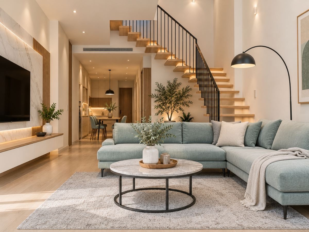 Phòng khách cạnh cầu thang chữ L bậc nổi trong nhà phố 36m2 hiện đại