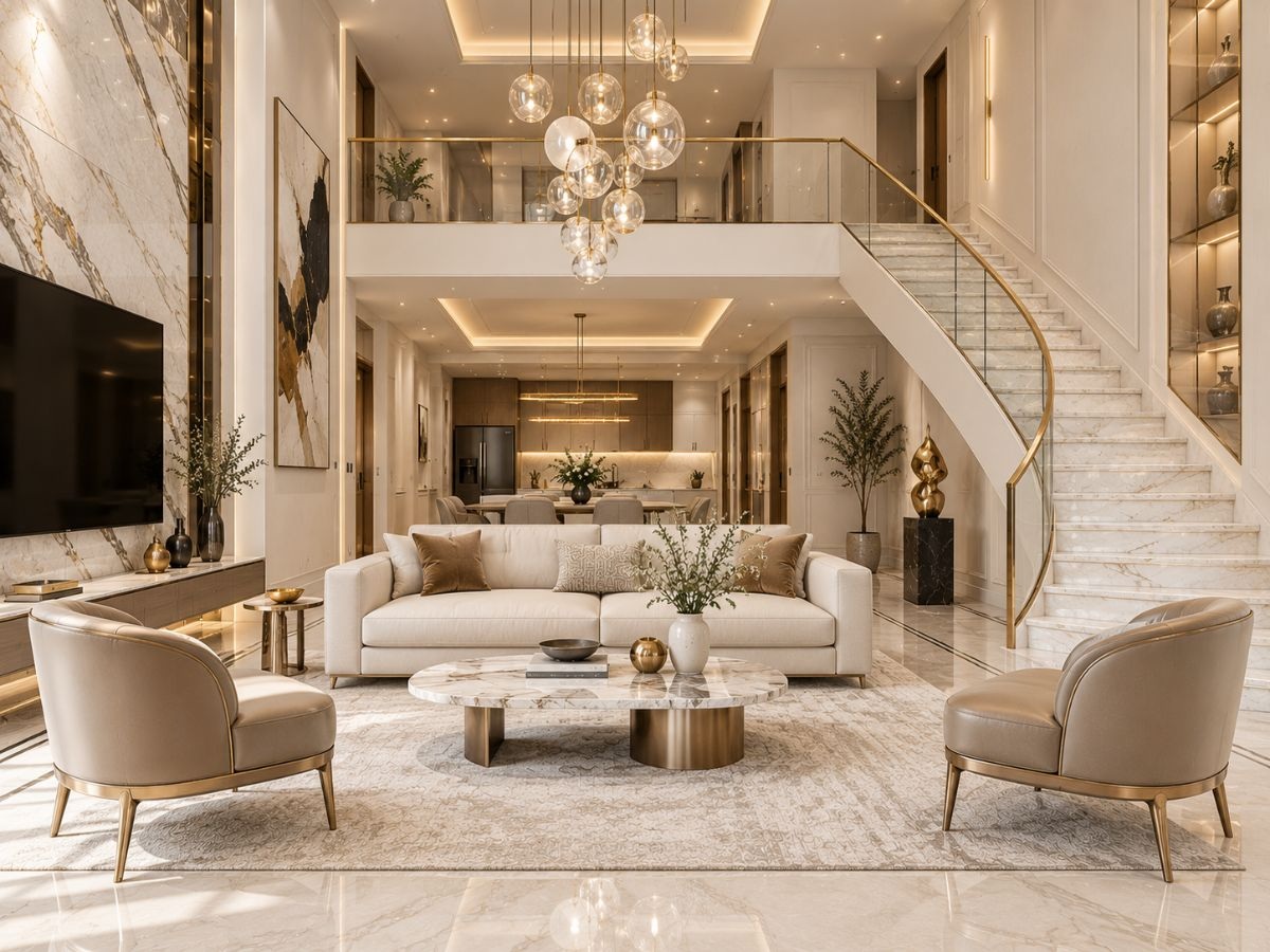 Phòng khách có cầu thang đẹp trong biệt thự 70m2 với cầu thang cong bậc marble