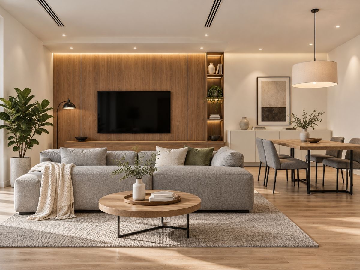 Phòng khách kết hợp phòng ăn 28m2 hiện đại, sofa xám và bàn ăn 4 ghế