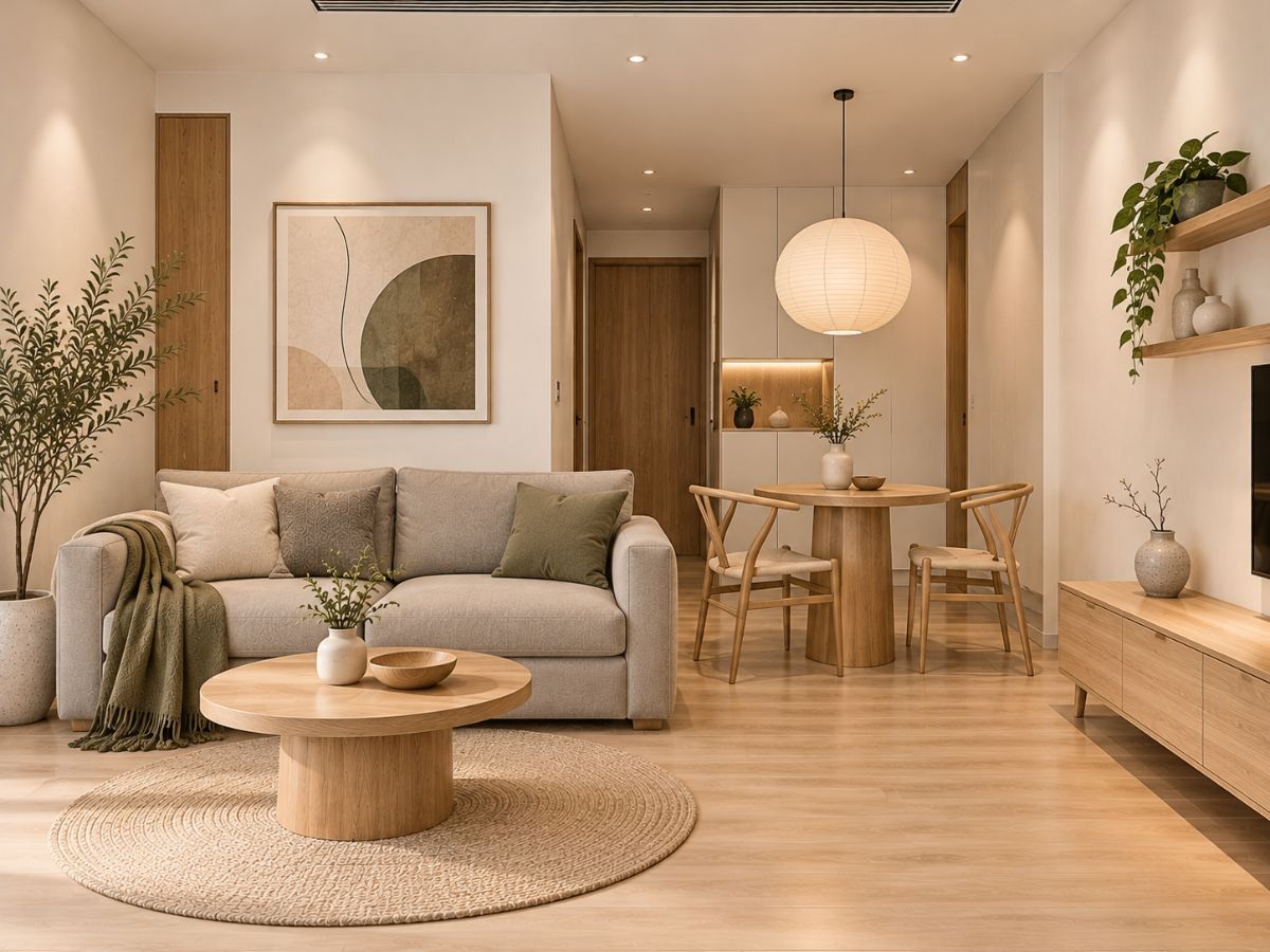 Mẫu phòng khách kết hợp phòng ăn nhỏ 18m2 phong cách Japandi gọn gàng